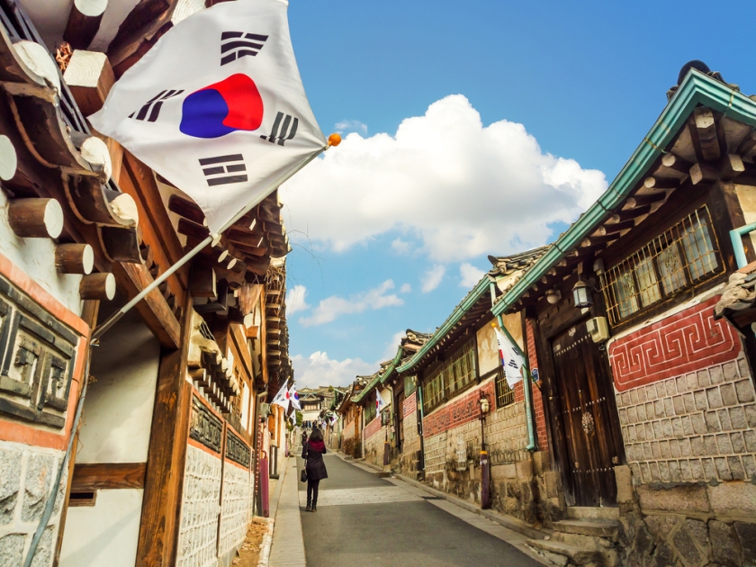 Traditional Korean style architecture at Bukchon Hanok Village in Seoul, South Korea